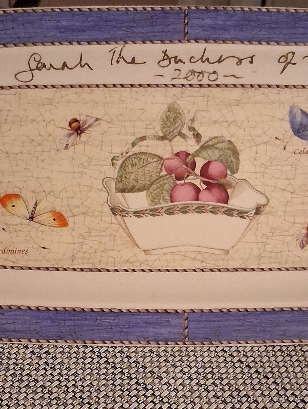 Wedgwood Cream Plaque with Green Leaves, Pink Fruit and Blue Border